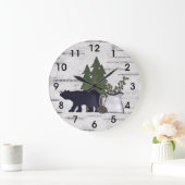 国素朴のシルエットベアと木の樺の木 ラージ壁時計 (ホーム)