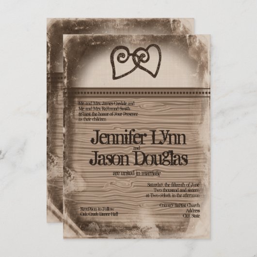 国素朴のダブルハート結婚式招待状 招待状 (正面/裏面)