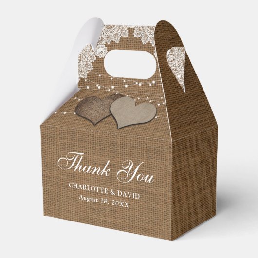 国素朴のバーラップレースのストリングラ結婚イト フェイバーボックス (正面サイド)