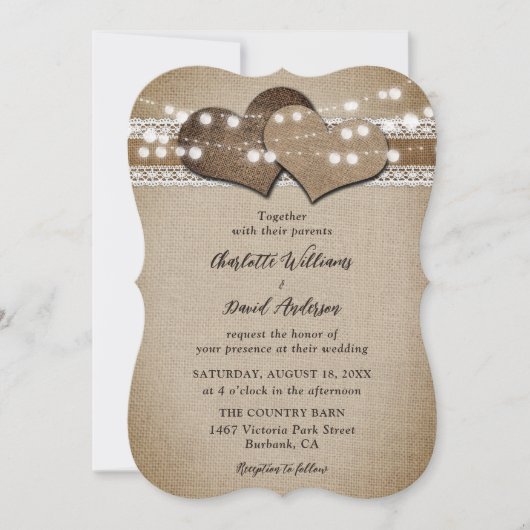 国素朴のバーラップレースのストリングラ結婚イト 招待状 (正面)