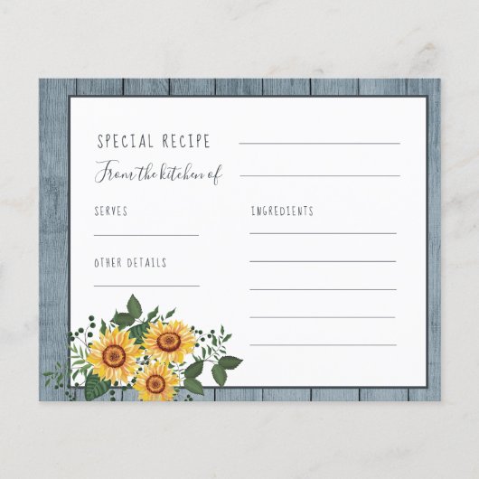 国素朴のヒマワリブライダルシャワーレシピカード (正面)