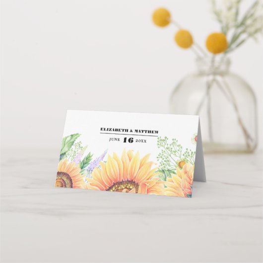 国素朴のヒマワリ結婚のテーブル座席表 プレイスカード (裏面)