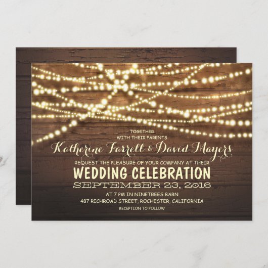 国素朴の文字列のライトと木結婚の数 招待状 (正面/裏面)