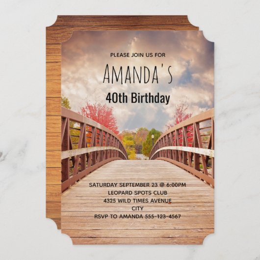 国素朴の木造の橋誕生日 招待状 (正面/裏面)