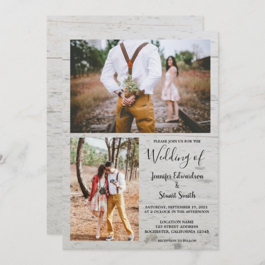 国素朴の納屋の木の写真の結婚コラージュ 招待状 (正面/裏面)