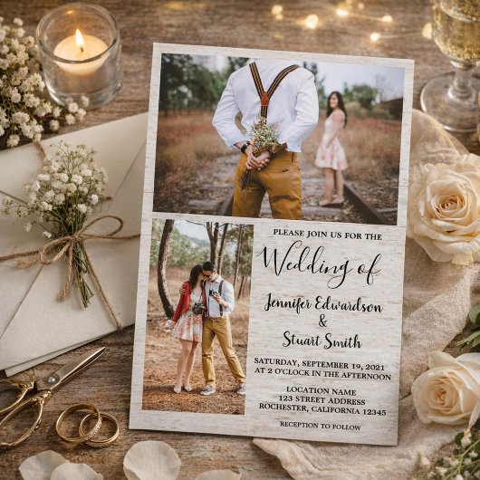 国素朴の納屋の木の写真の結婚コラージュ 招待状
