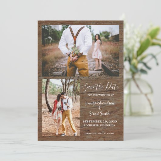 国素朴の納屋の木の写真の結婚コラージュ 招待状 (スタンド正面)