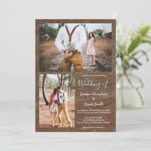 国素朴の納屋の木の写真の結婚コラージュ 招待状 (スタンド正面)