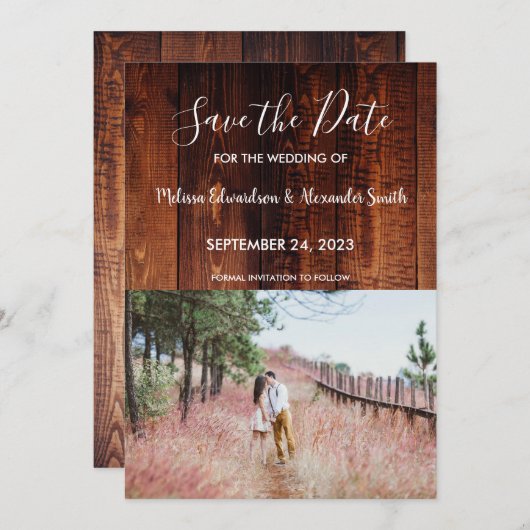 国素朴の納屋の木の結婚式の日付を保存 招待状 (正面/裏面)