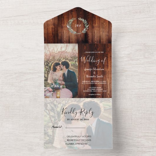 国素朴の納屋の木材モノグラム結婚写真 オールインワン招待状 (内側)