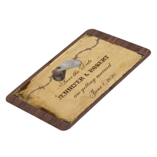 国素朴カウボーイ帽子の結婚式の日付を保存 マグネット (左側)