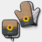 国素朴シミュレートBurlapデニムサンフラワー 鍋つかみ&鍋敷きセット (正面/裏面)