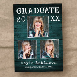 国素朴ティール（緑がかった色）ウッドプランク3写真卒業 案内状