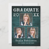 国素朴ティール(緑がかった色)ウッドプランク3写真卒業 案内状 (正面)