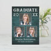 国素朴ティール(緑がかった色)ウッドプランク3写真卒業 案内状 (スタンド正面)