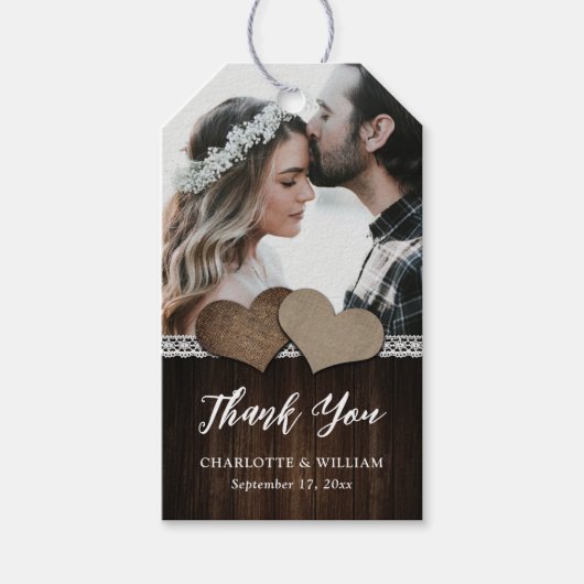 国素朴ハートウッドレースフォト結婚ズ ギフトタグ (正面)