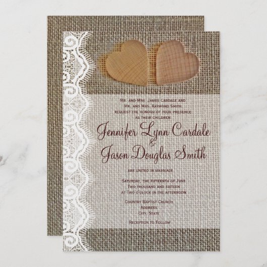 国素朴ハートバーラップレース結婚式の招待 招待状 (正面/裏面)