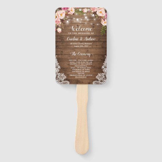 国素朴フローラ文字列ライト結婚式 プログラム ハンドファン (正面)