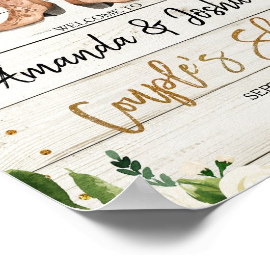 国素朴ブーツ夫婦のシャワー歓迎サイン ポスター (角)