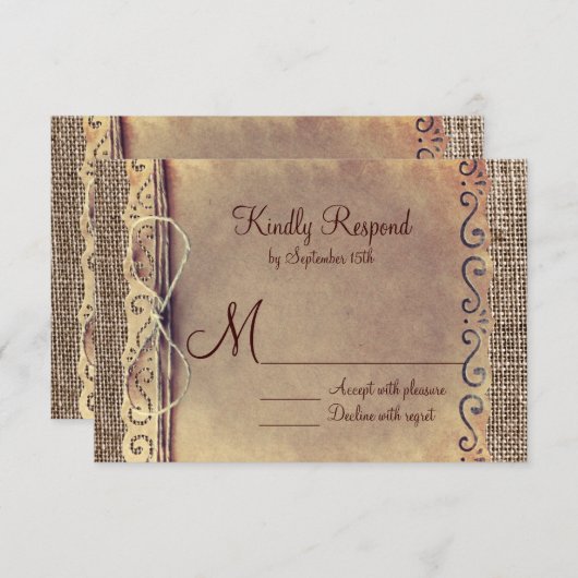 国素朴ヴィンテージバーラップウェディングRSVPカード 出欠カード (正面/裏面)