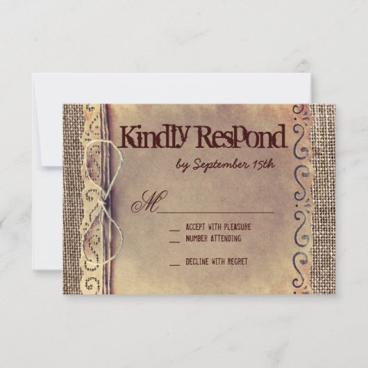 国素朴ヴィンテージバーラップウェディングRSVPカード 出欠カード (正面)