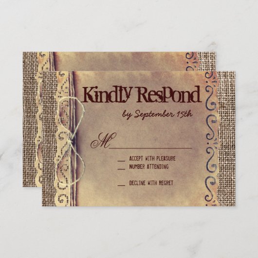国素朴ヴィンテージバーラップウェディングRSVPカード 出欠カード (正面/裏面)