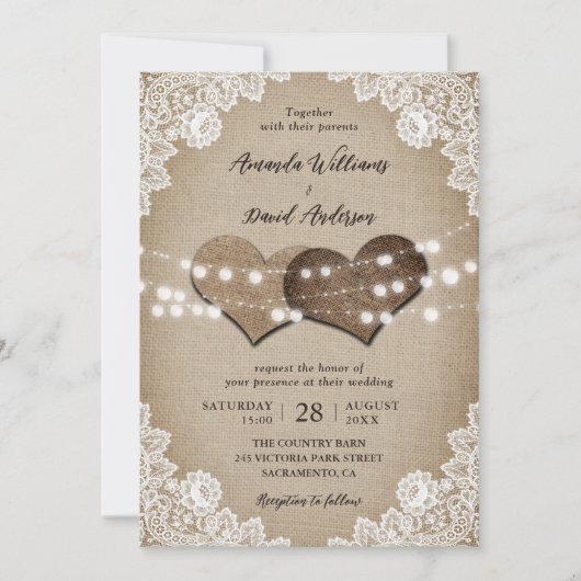 国素朴ヴィンテージバーラップフローラレース結婚ズ 招待状 (正面)