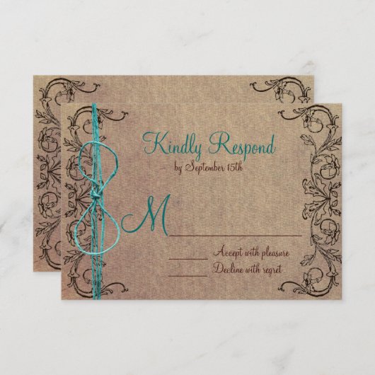 国素朴ヴィンテージブラウンティール（緑がかった色）ウェディングRSVP 出欠カード (正面/裏面)
