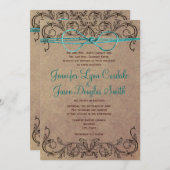 国素朴ヴィンテージブラウンティール(緑がかった色)結婚式の招待 招待状 (正面/裏面)