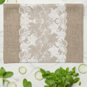 国素朴ヴィンテージベージュブルラップとホワイトレース キッチンタオル (折り畳み)