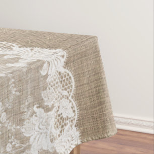 国素朴ヴィンテージベージュブルラップとホワイトレース テーブルクロス