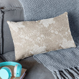 国素朴ヴィンテージベージュブルラップとホワイトレース ランバークッション