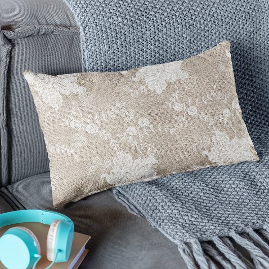 国素朴ヴィンテージベージュブルラップとホワイトレース ランバークッション