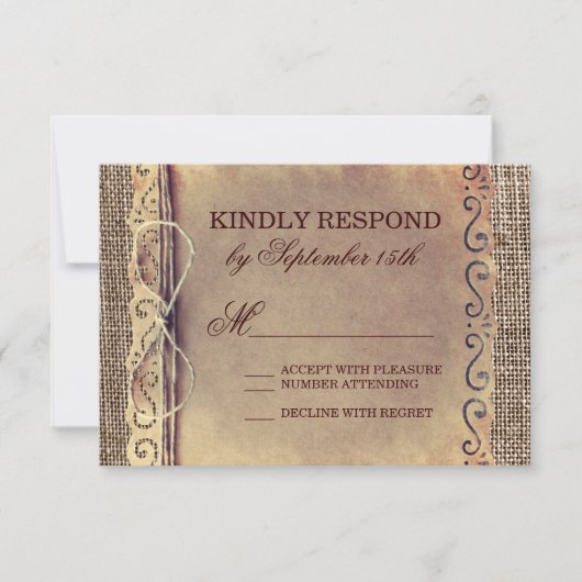 国素朴ヴィンテージ紙バーラップウェディングRSVP 出欠カード (正面)