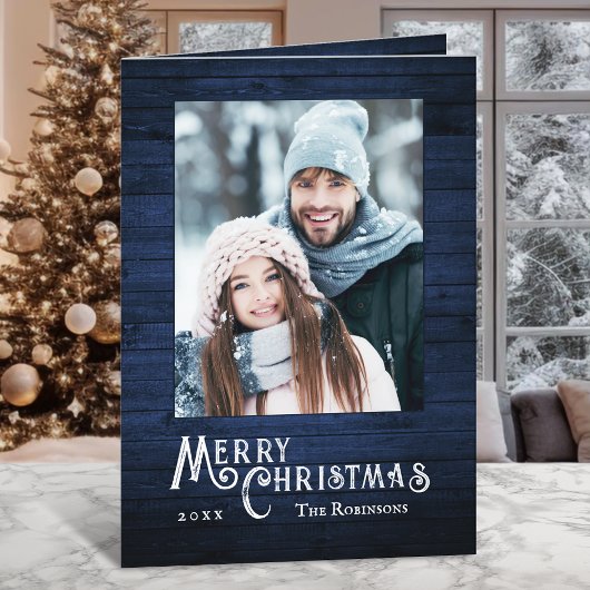 国素朴写真スタイリッシュブルーウッドプランクプリント シーズンカード