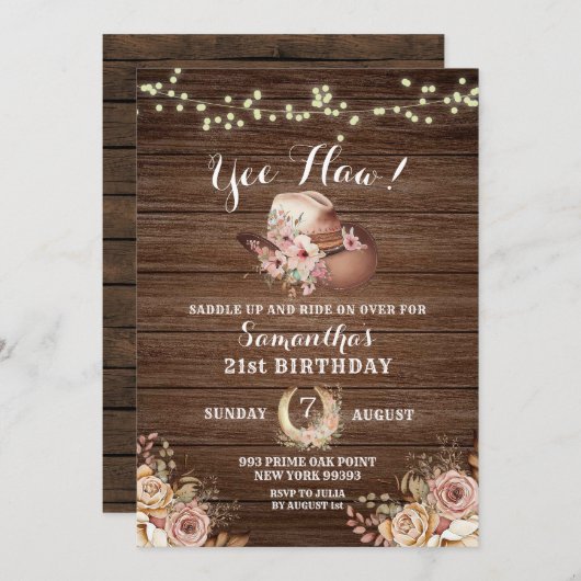 国素朴女性のカーボーイフローラ誕生日招待状 招待状 (正面/裏面)