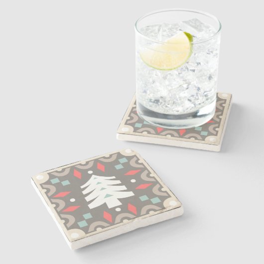国素朴幾何学的カラフル松の木 ストーンコースター (横)