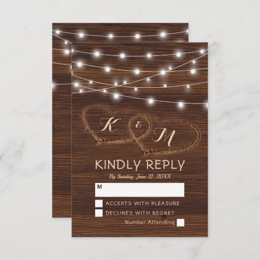 国素朴彫り木材ハート結婚式RSVP 出欠カード (正面/裏面)