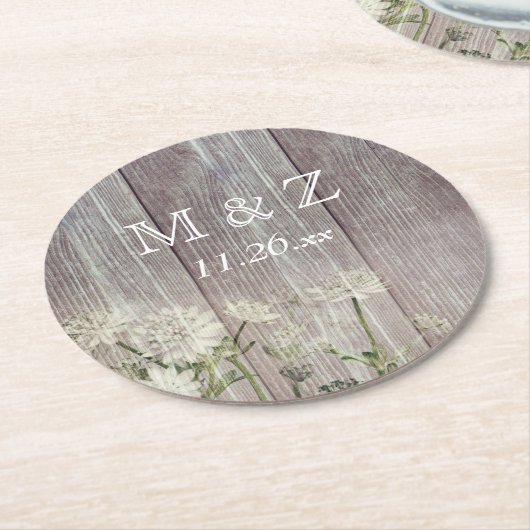 国素朴暗黒木材結婚の ラウンドペーパーコースター (アングル)