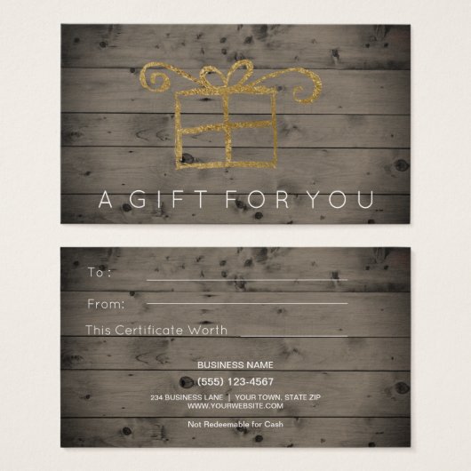 国素朴木材金ゴールドギフトカード証明書 (正面&裏面)