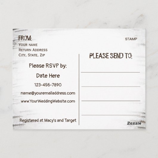 国素朴樺の木ツリーハート結婚式招待状 ポストカード (裏面)