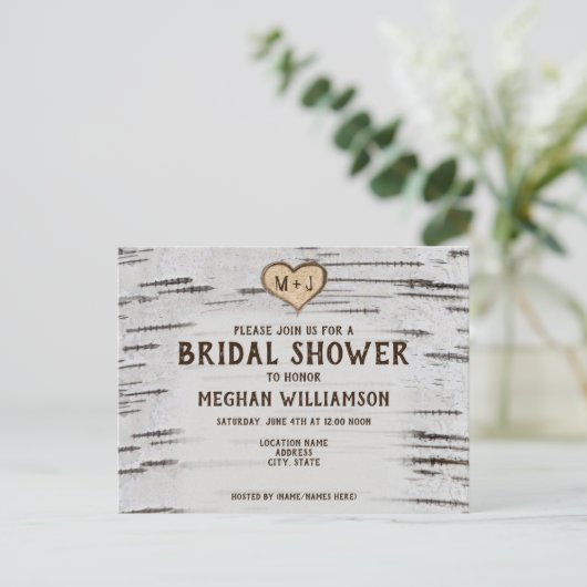 国素朴樺の木ハートイニシャルブライダルシャワー ポストカード (スタンド正面)