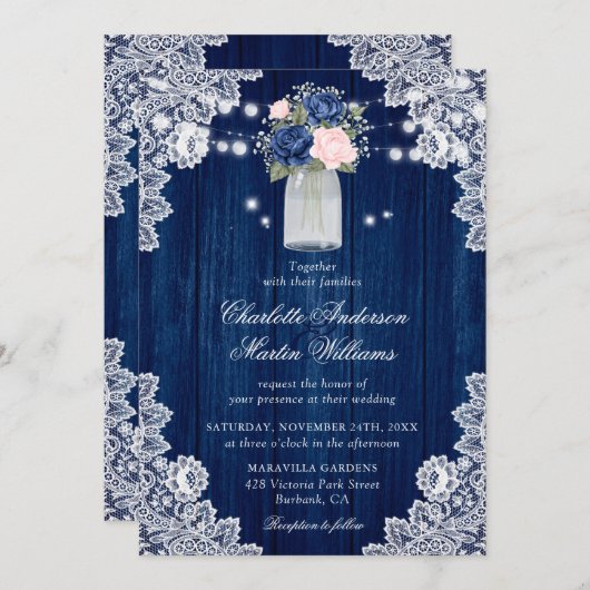 国素朴海軍ブルー赤面フローラ結婚ズ 招待状 (正面/裏面)