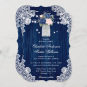 国素朴海軍ブルー赤面フローラ結婚ズ 招待状 (正面/裏面)