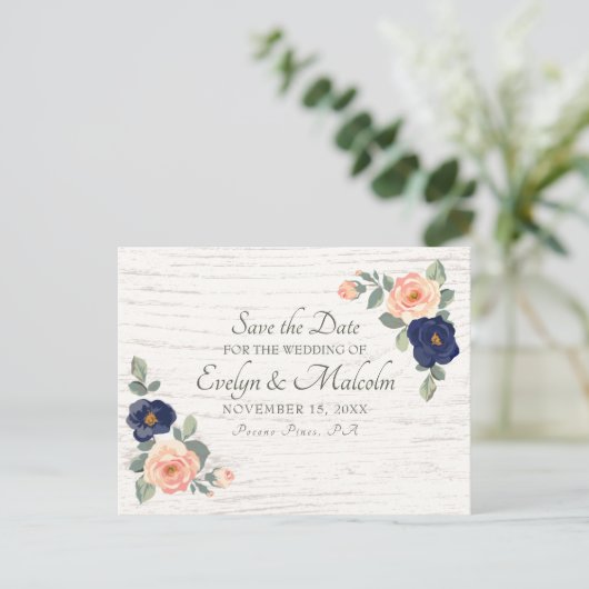 国素朴海軍ブルー、桃のフローラの結婚STD 案内ポストカード (スタンド正面)