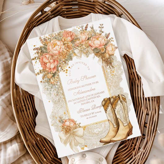 国素朴牡丹ブーツ赤ちゃんシャワー 箔招待状