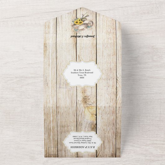 国素朴西部の水色の馬のひまわり オールインワン招待状 (外側)