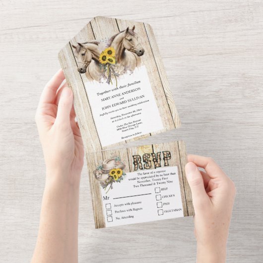 国素朴西部の水色の馬のひまわり オールインワン招待状 (貼ってはがせる)