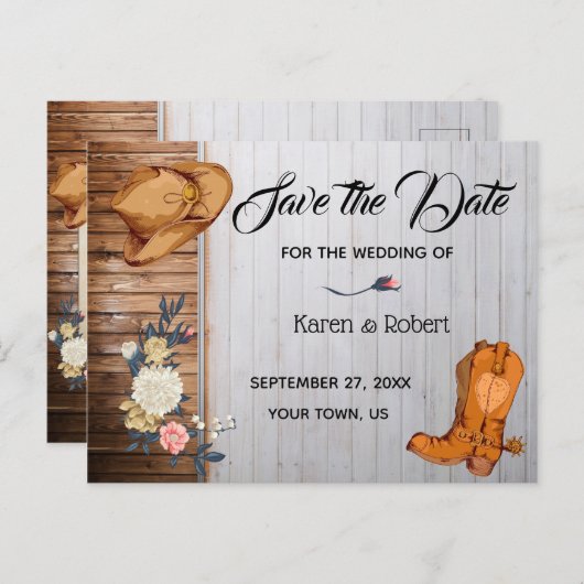 国素朴西部の結婚式の日付を保存 案内ポストカード (正面/裏面)