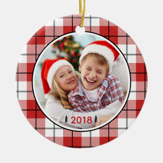 国素朴赤白と黒のフランネルパターン セラミックオーナメント (正面)